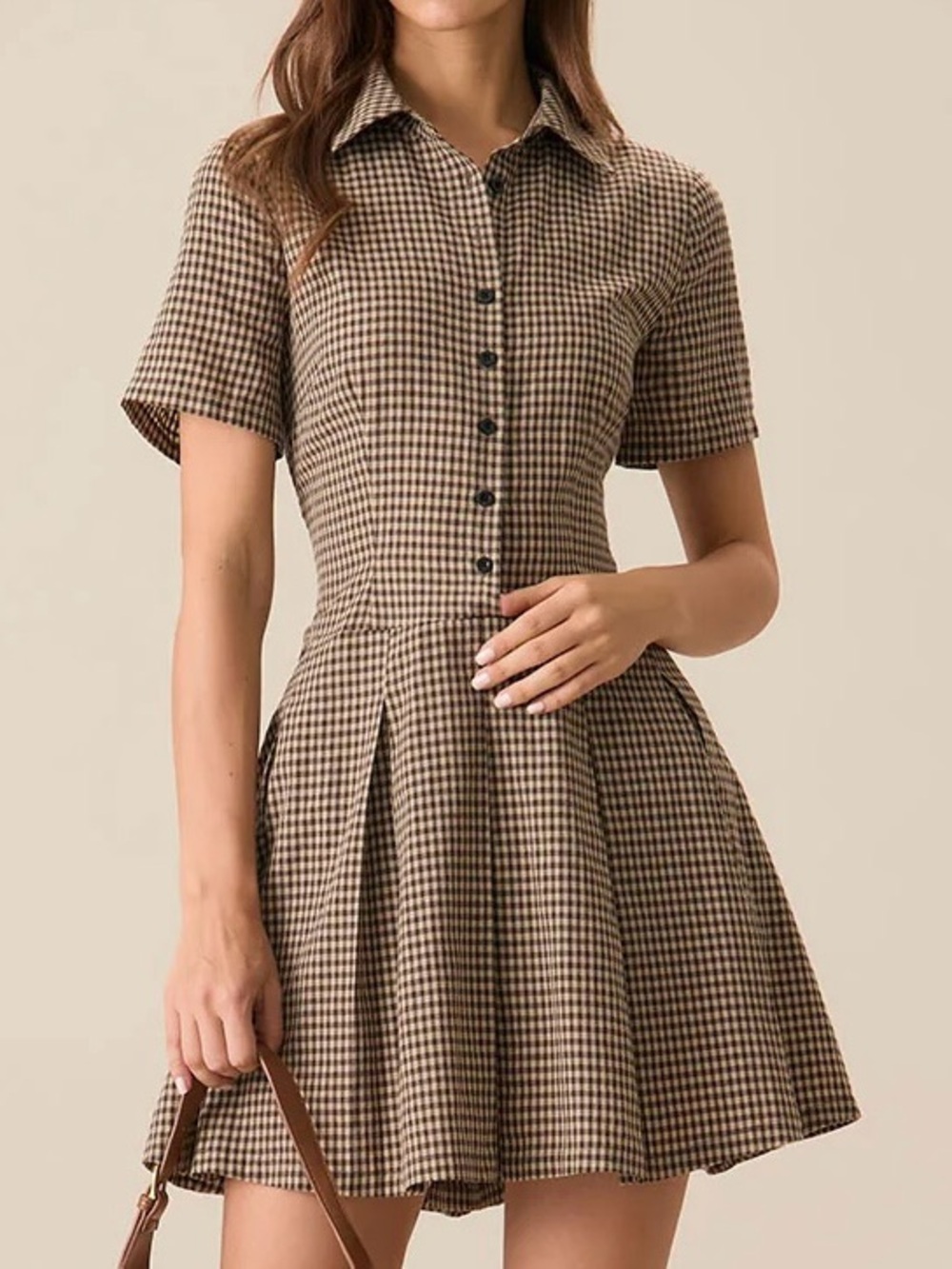 RIHOAS Brown Plaid Lapel Pleated Mini Dress (Size L)